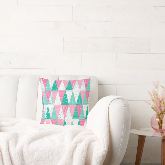 Pink and Teal Christmas Trees Throw Pillow (Couch)
