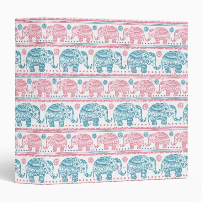 Pink And Teal Ethnic Elephant Pattern Binder (Front/Spine)