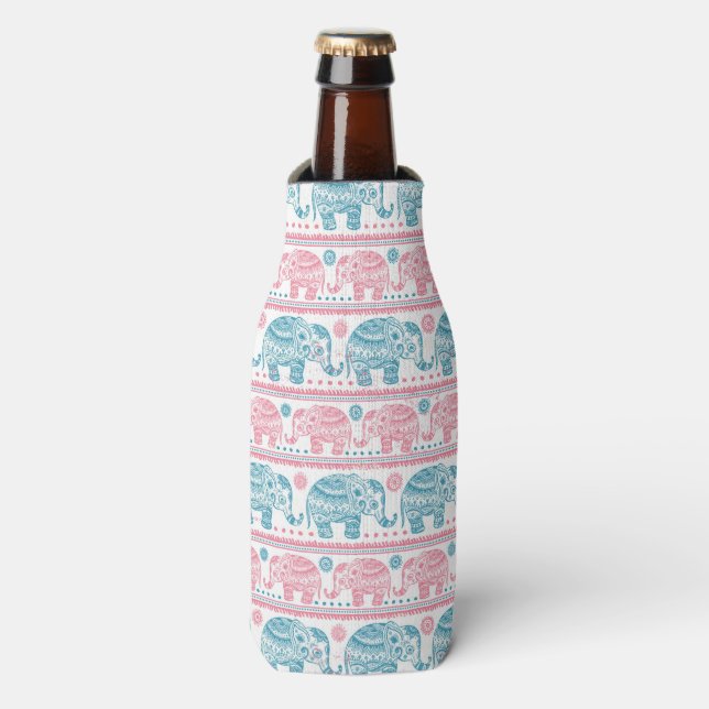 Pink And Teal Ethnic Elephant Pattern Bottle Cooler (Bottle Front)