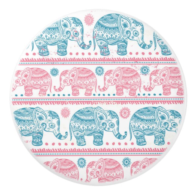 Pink And Teal Ethnic Elephant Pattern Ceramic Knob (Front)