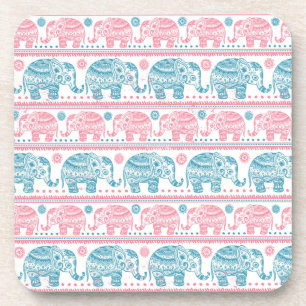 Pink And Teal Ethnic Elephant Pattern Coaster
