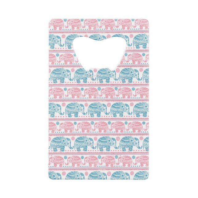 Pink And Teal Ethnic Elephant Pattern Credit Card Bottle Opener (Front)