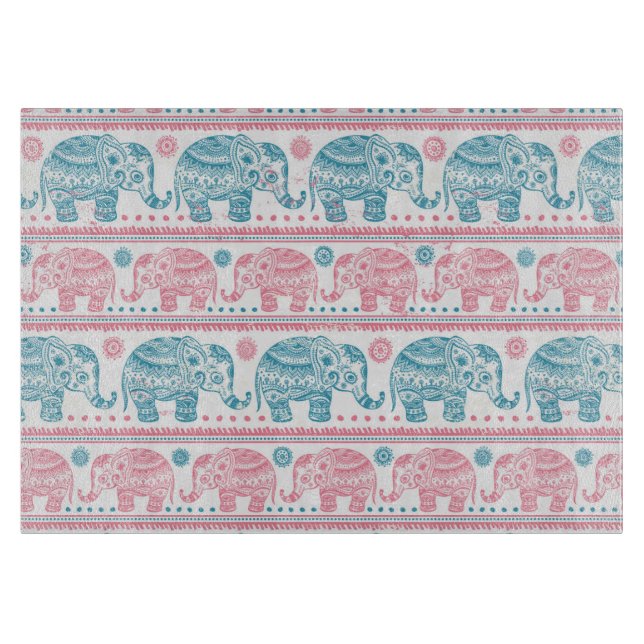 Pink And Teal Ethnic Elephant Pattern Cutting Board (Front)