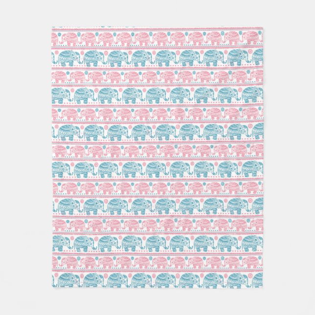 Pink And Teal Ethnic Elephant Pattern Fleece Blanket (Front)