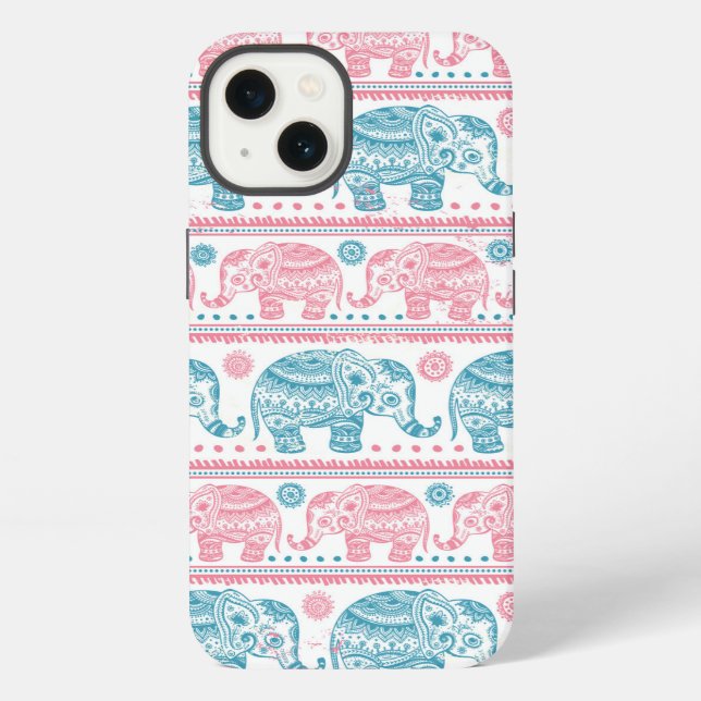 Pink And Teal Ethnic Elephant Pattern iPhone Case (Back)