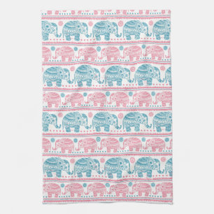 Pink And Teal Ethnic Elephant Pattern Kitchen Towel