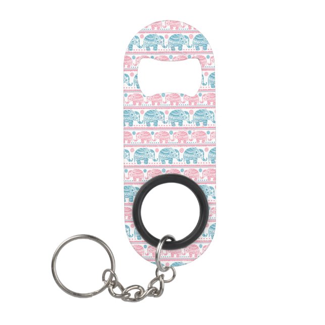 Pink And Teal Ethnic Elephant Pattern Mini Bottle Opener (Front)