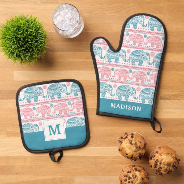 Pink And Teal Ethnic Elephant Pattern Oven Mitt & Pot Holder Set (Top Down)