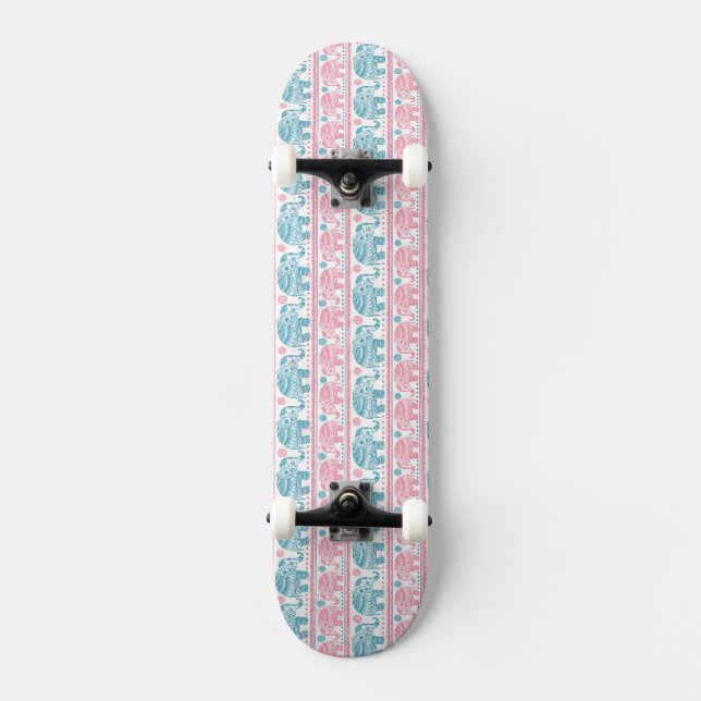 Pink And Teal Ethnic Elephant Pattern Skateboard (Front)