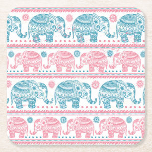 Pink And Teal Ethnic Elephant Pattern Square Paper Coaster