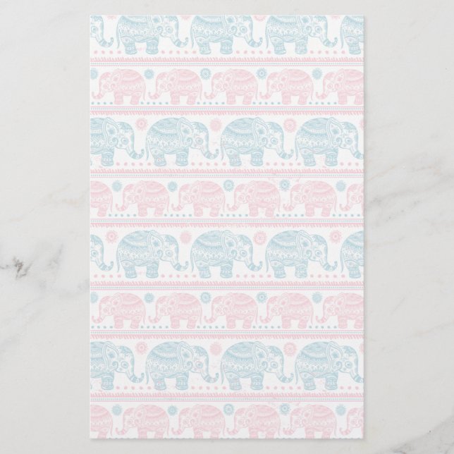 Pink And Teal Ethnic Elephant Pattern Stationery (Front)