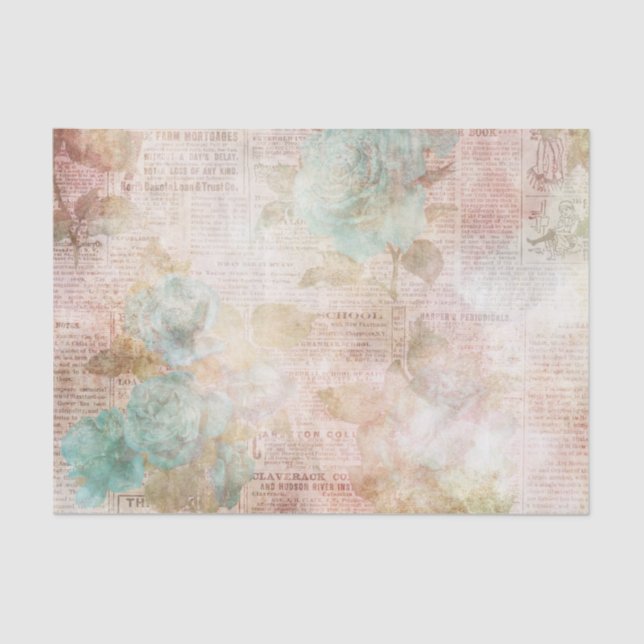 Pink and Teal Floral Ephemera Tissue Paper (Front)