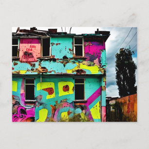 Pink and Teal Graffiti Art   Abandoned House Postcard