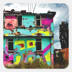 Pink and Teal Graffiti Art   Abandoned House Square Sticker