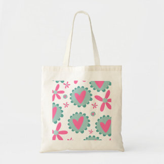 Pink And Teal Hearts With Pink Flowers Pattern Tote Bag
