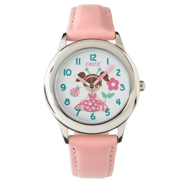 Pink and Teal Ladybug Girl Kids Watch (Front)