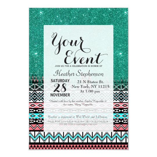 Pink and Teal Modern Aztec with Faux Teal Glitter Card
