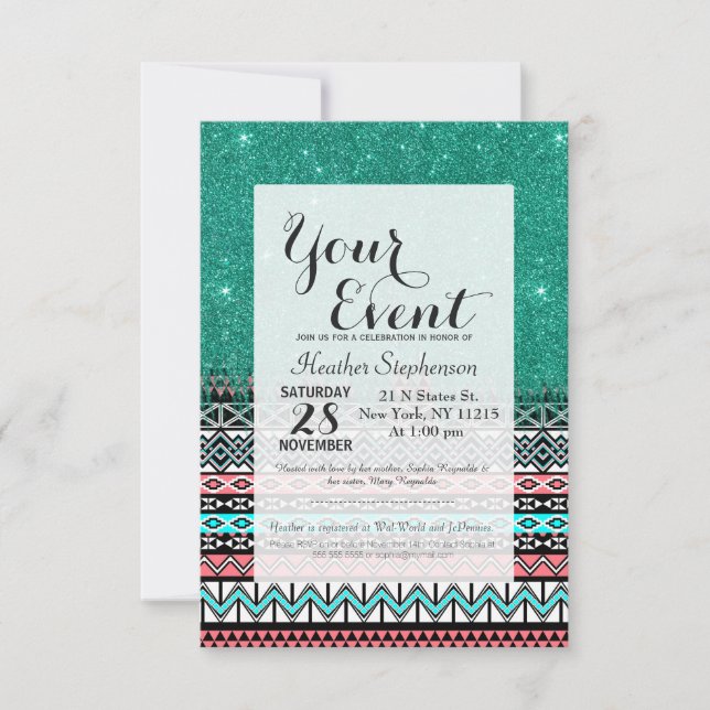 Pink and Teal Modern Aztec with Faux Teal Glitter Invitation (Front)