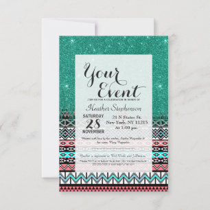 Pink and Teal Modern Aztec with Faux Teal Glitter Invitation