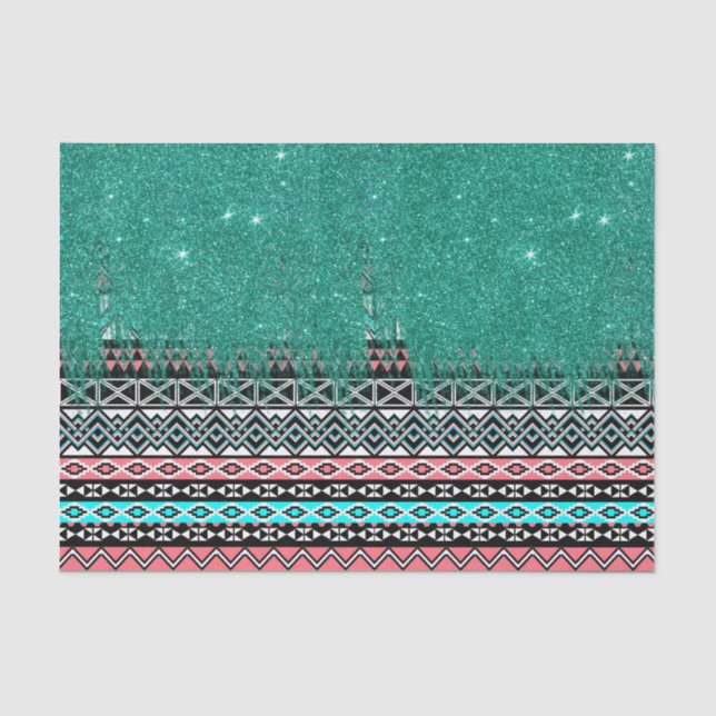 Pink and Teal Modern Aztec with Faux Teal Glitter Tissue Paper (Front)