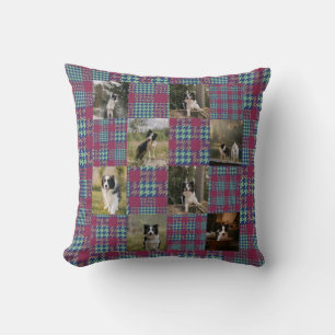Pink and Teal Plaid 8 Photo Collage Throw Pillow