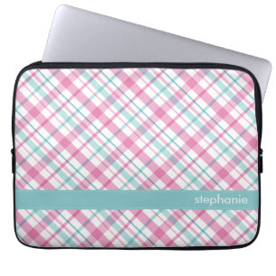 Pink and Teal Plaid Pattern Laptop Sleeve