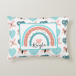 Pink and Teal Rainbows, Butterflies and Hearts Accent Pillow