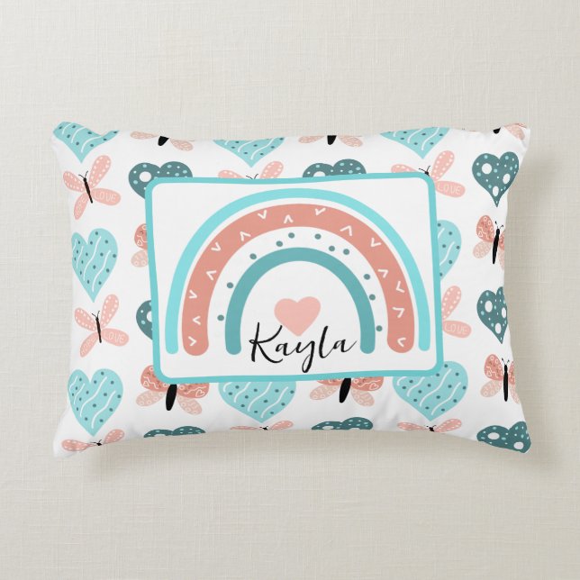 Pink and Teal Rainbows, Butterflies and Hearts Accent Pillow (Front)