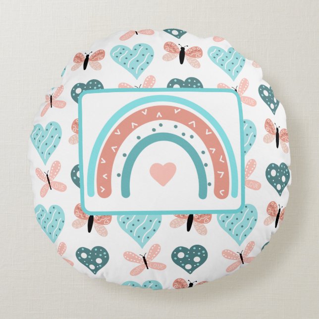 Pink and Teal Rainbows, Butterflies and Hearts Round Pillow (Front)