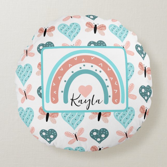 Pink and Teal Rainbows, Butterflies and Hearts Round Pillow (Front)