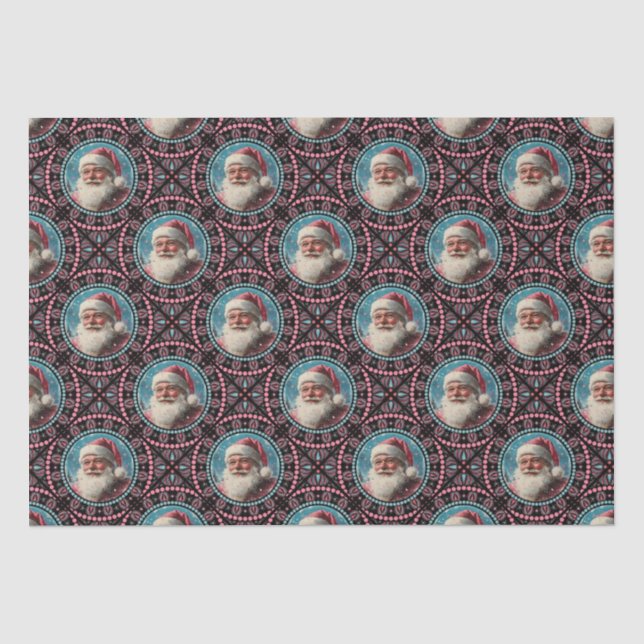 Pink and Teal Retro Santa Mandala Geometric Tile Tissue Paper (Front)