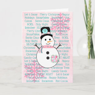 Pink and Teal Snowman Snowflakes Christmas Card