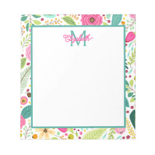 Pink and Teal Spring Floral Monogram Notepad