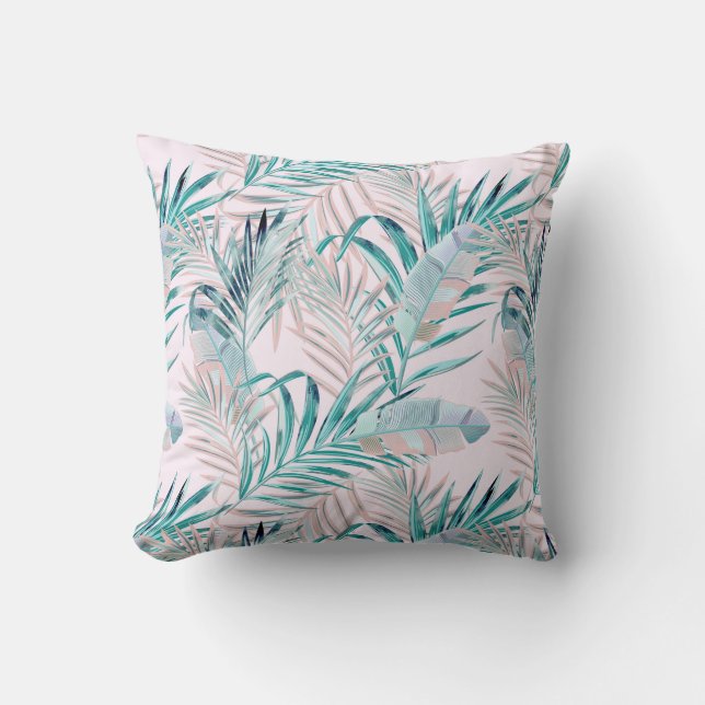 Pink and Teal Tropical Ferns and Feathers Throw Pillow (Front)