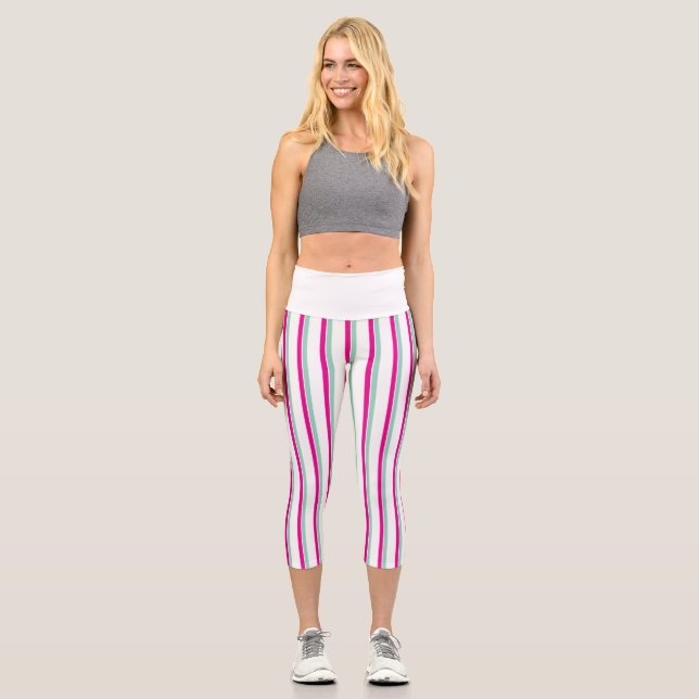 Pink and Teal Vertical Stripes Capri Leggings (Front)