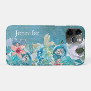 Pink and teal watercolor floral personalized iPhone 11 pro case