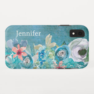 Pink and teal watercolor floral personalized iPhone XR case