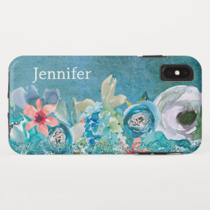 Pink and teal watercolor floral personalized iPhone XS max case