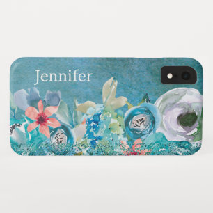 Pink and teal watercolor floral personalized iPhone XR case