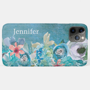Pink and teal watercolor floral personalized iPhone 11 pro max case