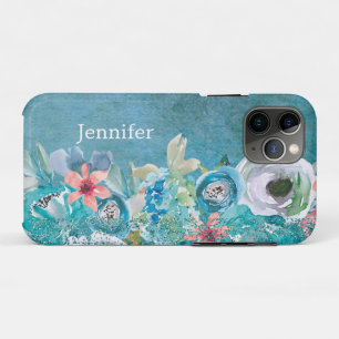 Pink and teal watercolor floral personalized iPhone 11 pro case