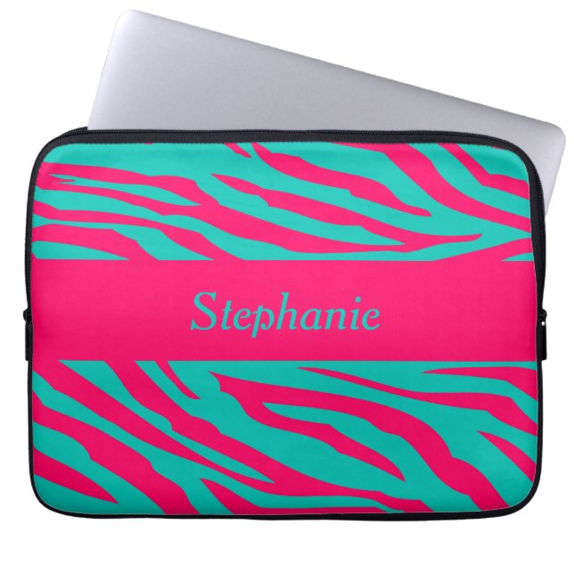Pink and Teal Zebra Personalized Laptop Sleeve (Front)