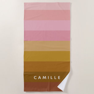 Pink and Terracotta Boho Geometric Stripes Name  Beach Towel