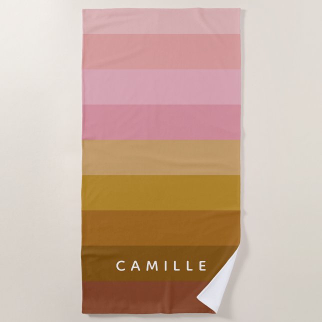 Pink and Terracotta Boho Geometric Stripes Name  Beach Towel (Front)
