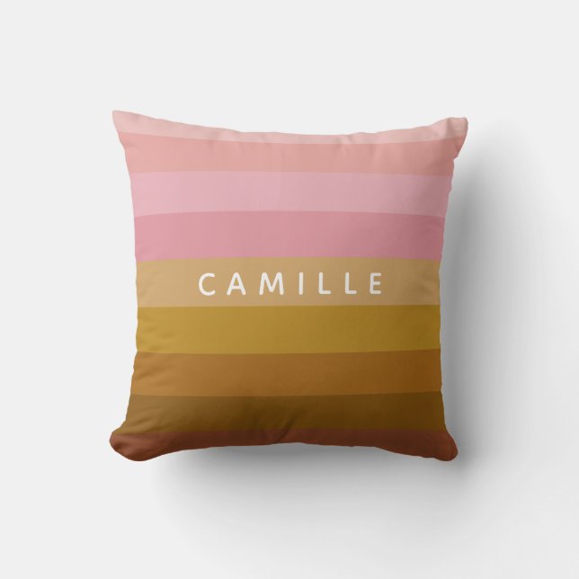 Pink and Terracotta Boho Geometric Stripes Name Throw Pillow (Front)