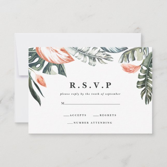 Pink and tropical leaf foliage wedding R.S.V.P RSVP Card (Front)