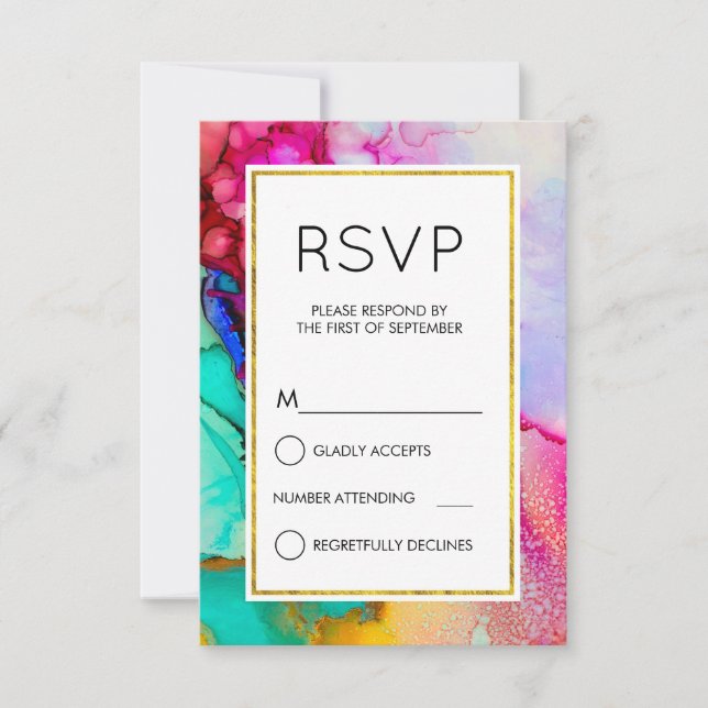 Pink and Turquoise Abstract Watercolor Simple RSVP (Front)