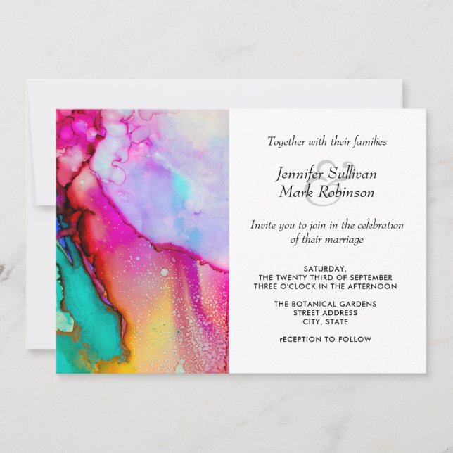 Pink and Turquoise Abstract Watercolor Wedding Invitation (Front)
