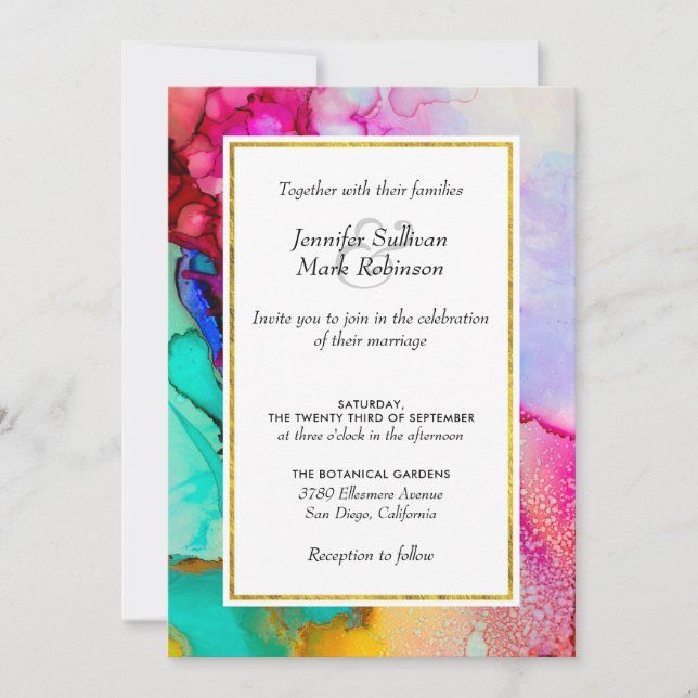 Pink and Turquoise Abstract Watercolor Wedding Invitation (Front)