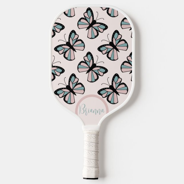 Pink and Turquoise Butterfly Pattern  Pickleball Paddle (Back)